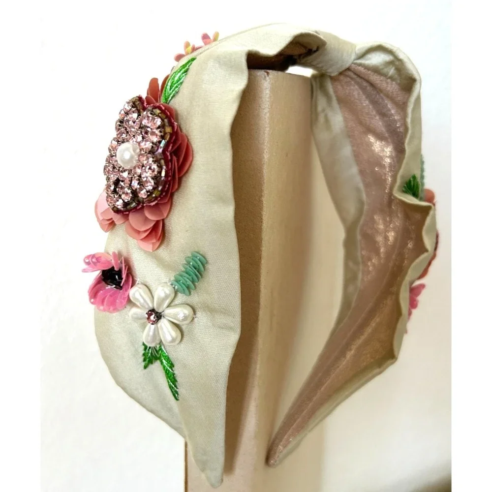 Powder Design Hand Embellished Floral Headband Sequin Bead Sage Pink Boho EUC